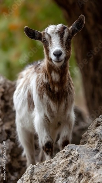 Fototapeta Curious goat standing on a rock in an elevated part of a farm