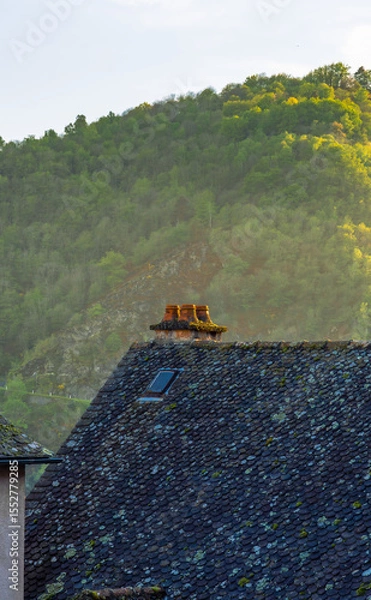 Fototapeta Traditional slate tile roof of a medieval house with a chimney illuminated by the golden light of sunset with green hills in the background.