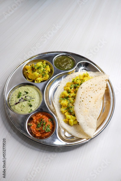 Fototapeta Crispy Masala dosa is a popular South Indian food item served with tomato chutney, coconut chutney, spicy potato masala, or aloo ki sabzi and sambar. Copy space. Crunchy Rice crepes.