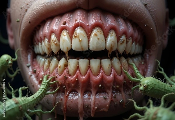 Obraz Cartoon Bacteria Monsters Attacking Teeth in a Decayed Mouth