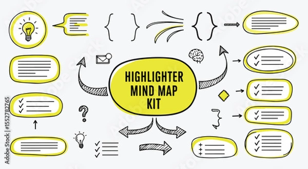 Fototapeta Mind Map Kit. Highlighter Doodle. Hand drawn flowchart elements with arrows, frames, and checklists. Sketch vector for presentations, study, or brainstorming.
