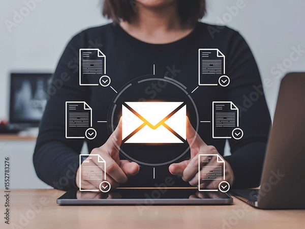 Obraz Businessman pressing holographic email button with floating document icons above laptop