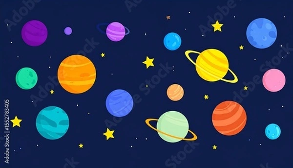 Obraz Cartoon Planets and Stars in Space.