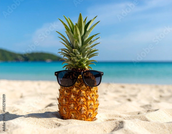 Fototapeta A pineapple with sunglasses on the beach sand with a background of the vast ocean.
