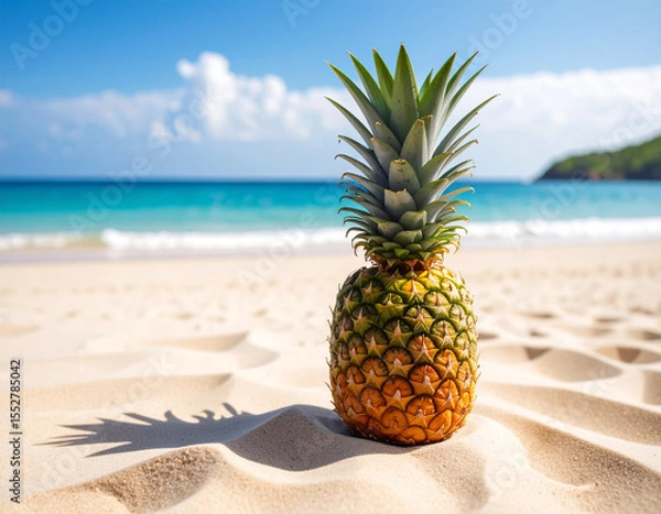 Fototapeta A pineapple on the beach sand with a background of the vast ocean.