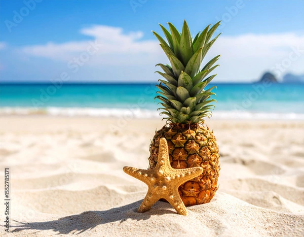 Fototapeta A pineapple and a starfish on the beach sand with a backdrop of the vast ocean. 