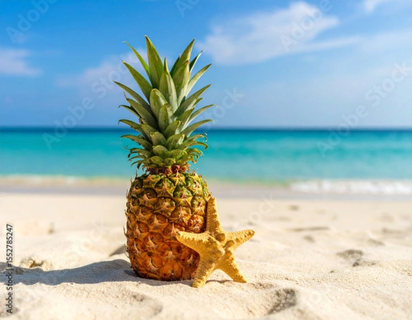 Fototapeta A pineapple and a starfish on the beach sand with a backdrop of the vast ocean. 