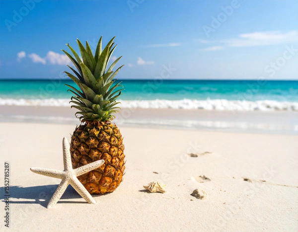 Fototapeta A pineapple and a starfish on the beach sand with a backdrop of the vast ocean. 