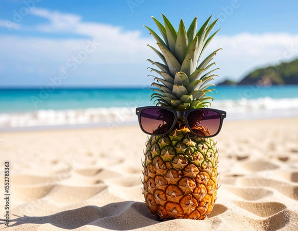 Fototapeta A pineapple with sunglasses on the beach sand with a background of the vast ocean.