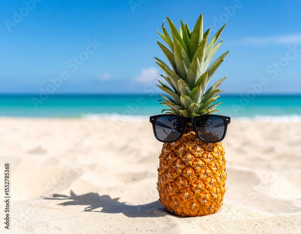 Fototapeta A pineapple with sunglasses on the beach sand with a background of the vast ocean.