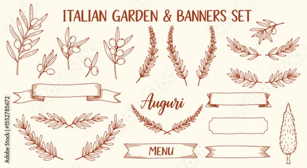 Fototapeta Italian Garden. Vintage Banners. Rustic hand drawn set with olive branch, lavender, cypress. Mediterranean tuscany vector for menu, label, or packaging.
