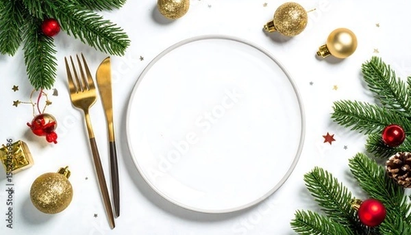 Obraz Christmas table setting with plate  decor.