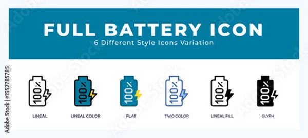 Fototapeta Full battery icon set with different styles. Icons designed in filled. outline. flat. glyph and line colored.