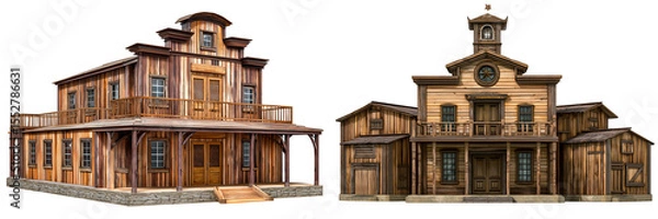 Fototapeta Set of an old Western saloon wooden building, isolated on a transparent background.