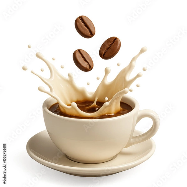 Fototapeta Coffee Bliss: Witness the artistry of a creamy splash melding with the rich essence of coffee, complemented by the perfect scattering of aromatic beans