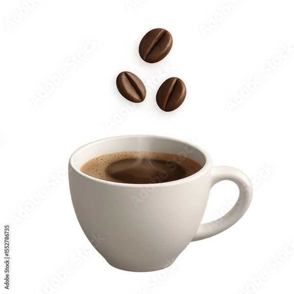 Fototapeta Aromatic Coffee Delight: A captivating image featuring a pristine, steaming cup of coffee accompanied by three freshly roasted beans gracefully descending.