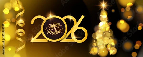 Obraz 2026 New Year festive banner. Handwritten holiday greetings Happy New Year. Christmas tree and gold ribbon. Bright blurred bokeh lights. Vector illustration.