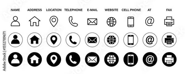 Fototapeta Contact information icon for business card. Containing name, address, map pin, globe, e-mail, location, website, fax, phone call at symbol. Silhouette and outline circle style. Vector illustration.	