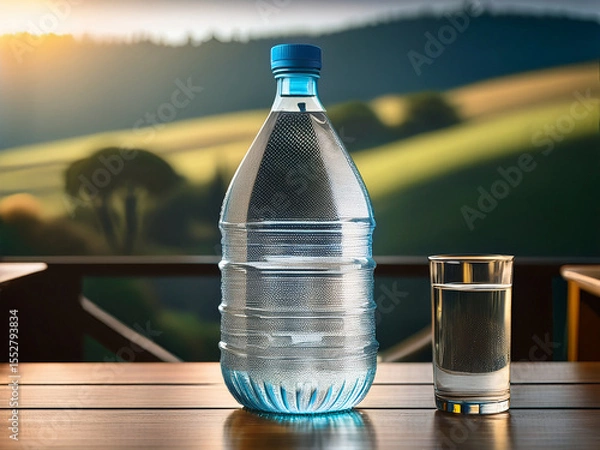 Fototapeta A series of product images featuring water bottles and glasses in lifestyle environments