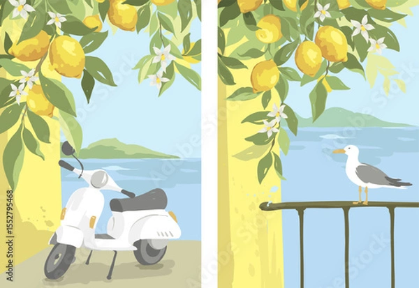 Fototapeta Mediterranean Journey. Backgrounds with embankment of the resort town. Hand drawn vector illustration in watercolor style, poster or postcard with citrus and seascape.	