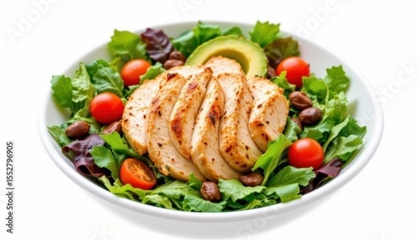 Fototapeta Healthy Chicken Salad with Avocado and Cherry Tomatoes in a Fresh Green Salad Bowl