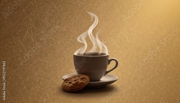 Fototapeta A Steaming Cup Of Coffee Beside A Delicious Cookie On A Plate With A Warm Background Texture