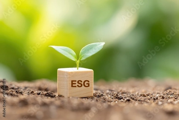Fototapeta ESG Wooden Cube Puzzle in Soil with Sprout, Sustainability Investment Visual, ESG