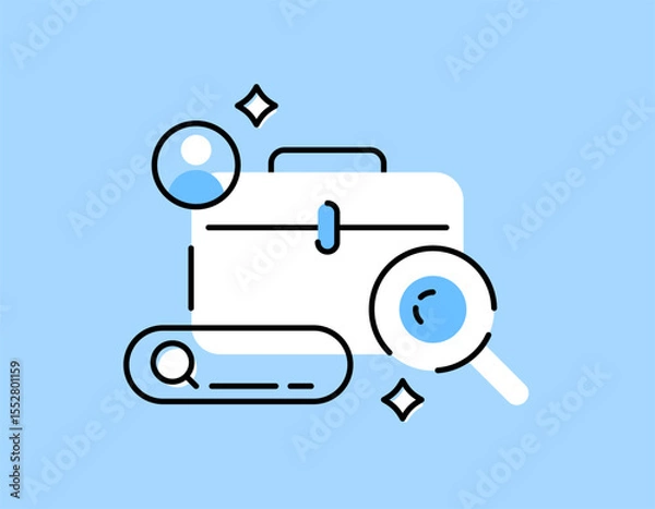 Fototapeta a job search concept. job search service. recruitment and hiring. illustration of a briefcase with magnifying glass, search bar. flat style design with outline. asset element symbol