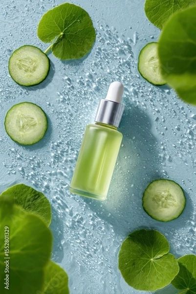 Fototapeta Centella Serum with cucumber, centella leaves and water drops, ultra-hydrating skincare flat lay, Selective Focus
