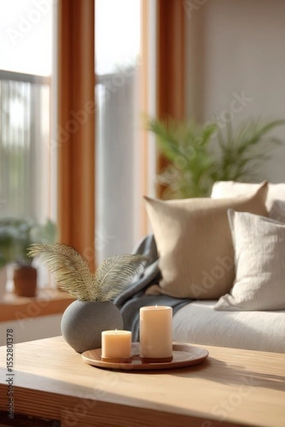 Fototapeta Calming home interior with soft textures, warm tones, and biophilic elements for relaxation
