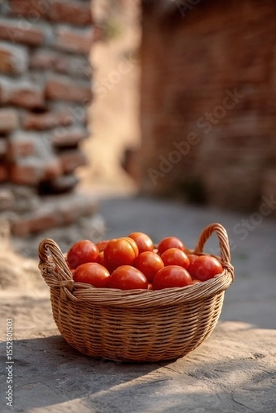 Fototapeta Localism seen in a basket: ripe tomatoes in alleyway basket symbolizing local trade and freshness, Localism, Selective Focus