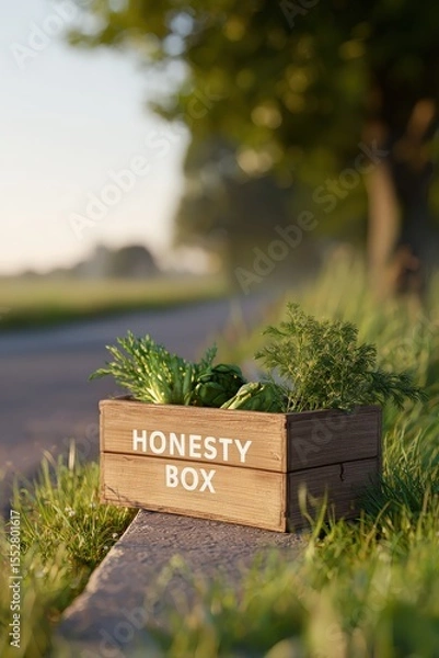 Fototapeta Localism in action: honesty box with fresh local produce on rural roadside in summer light, Localism, Selective Focus