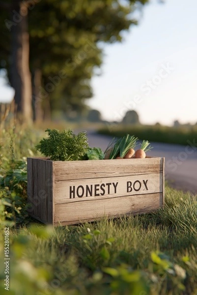Fototapeta Localism in action: honesty box with fresh local produce on rural roadside in summer light, Localism, Selective Focus