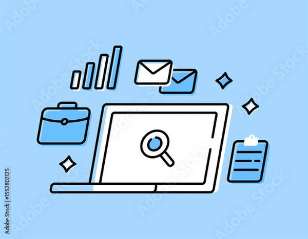 Fototapeta job search concept. recruitment and hiring. searching for job vacancy information. applying for a job. illustration of laptop, email symbol, magnifying glass, clipboard, and briefcase. flat outline