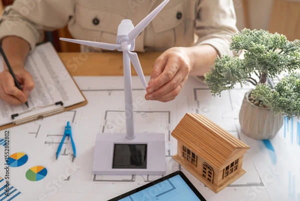 Fototapeta Engineer is working on sustainable housing project, incorporating wind turbine and solar panel technology for ecological future