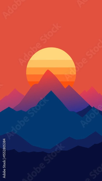 Fototapeta Vibrant sunset over layered mountain peaks in a minimalist style
