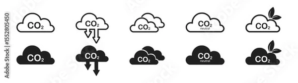 Fototapeta Carbon dioxide cloud icon set. Cloud co2 symbol with down arrow icon set. Air pollution concept icons.