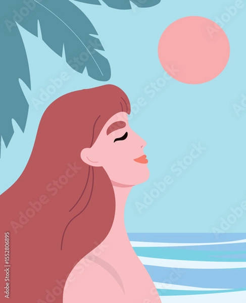 Fototapeta Profile of a woman's face on the beach against the background of the sun, beach, sea. Girl on vacation relaxing. Vector graphics.