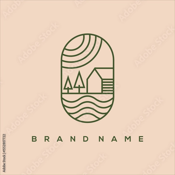 Obraz line art cottage and river with sun logo vector