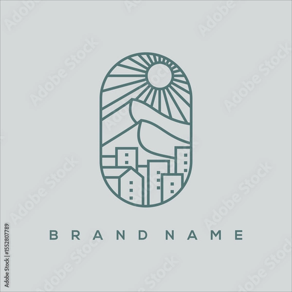 Obraz minimalist line art city mountain and sun logo vector