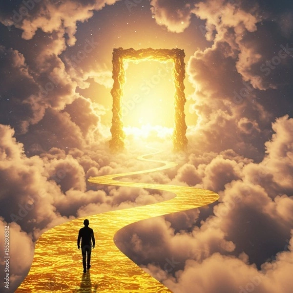 Fototapeta Journey to the Luminous Portal: A Silhouette's Celestial Walk