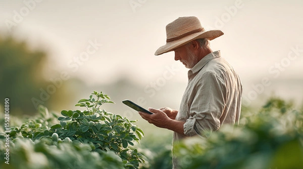 Obraz Farmer using digital tablet in green field, smart agriculture technology, rural outdoor scene, modern farming with digital device, natural environment, calm and focused
