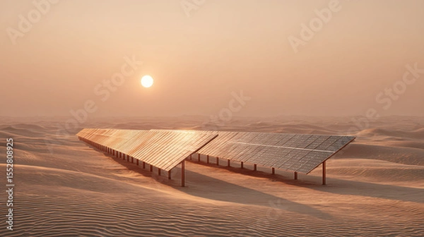 Obraz Solar panel array in desert at sunset with warm light reflecting on surface, renewable energy concept with vast sandy landscape and clear sky creating calm atmosphere
