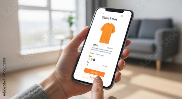 Fototapeta Shopping Action Selecting a Stylish Orange Shirt on Mobile Device Modern Home Environment E-Commerce Content Engaging Viewpoint for Online Retail Strategies