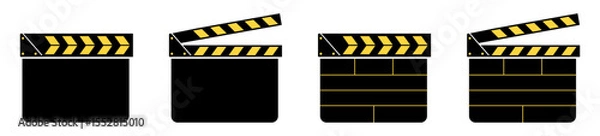 Fototapeta Collection of movie clapper board icons in different styles and positions. Ideal for film, cinema, video editing, media production, and director related graphic elements and UI. Icons, vector.