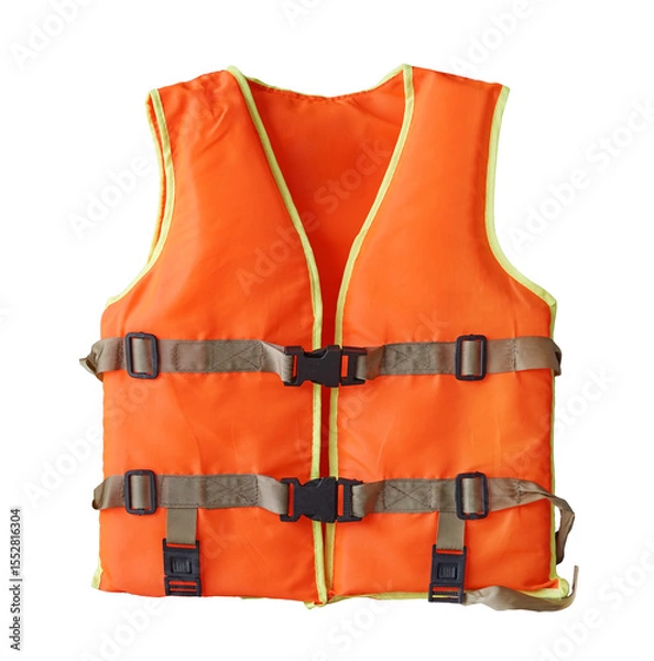 Obraz Bright orange life vest isolated. Life jacket rests on a rocky surface near water, emphasizing safety and outdoor adventure.