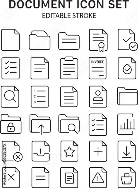 Fototapeta Document icon set. Files related line icons: papers, folder, certificate, accept, approved, clipboard, invoice, archive, report, search, list and more. Editable stroke. Vector illustration