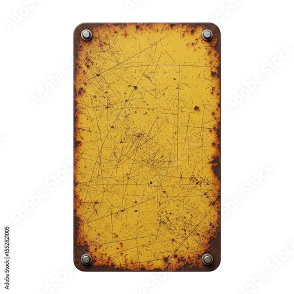 Fototapeta A rectangular yellow metal plate featuring heavy rust along its edges and numerous surface scratches, providing a worn and grungy texture ideal for backgrounds or design elements.