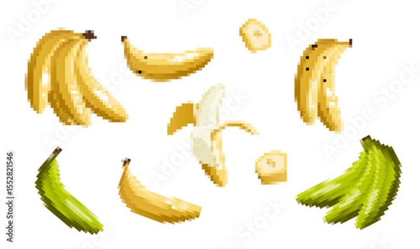 Obraz Colorful vector featuring various bananas in different stages of ripeness and styles. pixel art