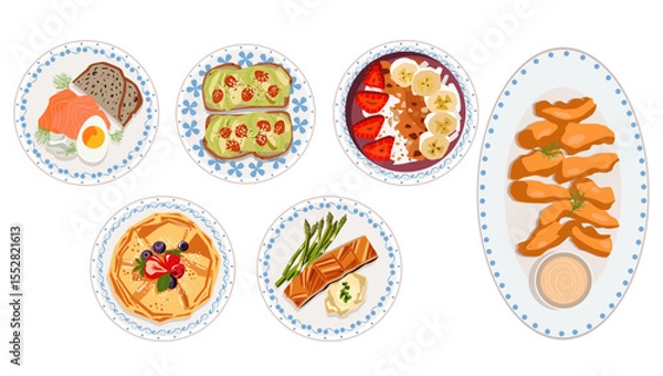 Obraz Delicious variety of breakfast and brunch dishes served on decorative plates with fresh ingredients and vibrant colors